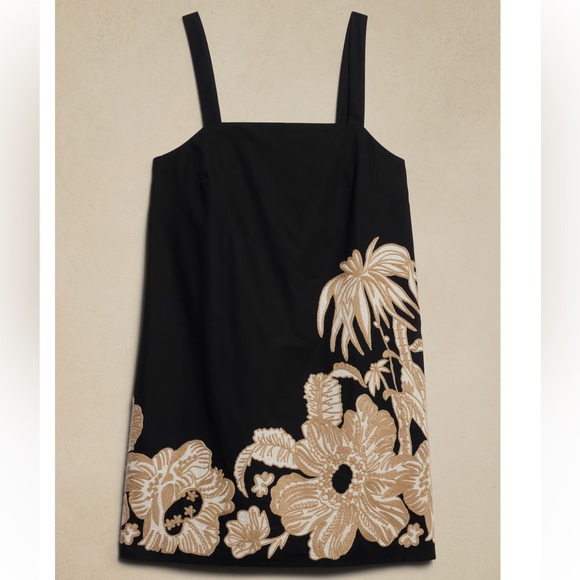 BR Floral Embroidered Mini Shift Dress Black Tropical Palm Flowers Cotton NWT - Picture 4 of 8